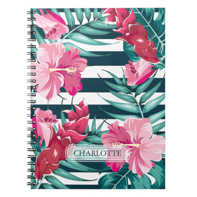 Exotic Summer Floral Monogram striped Notebook (Front)