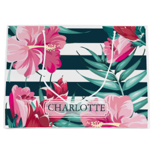 Exotic Summer Floral Personalized striped Large Gift Bag