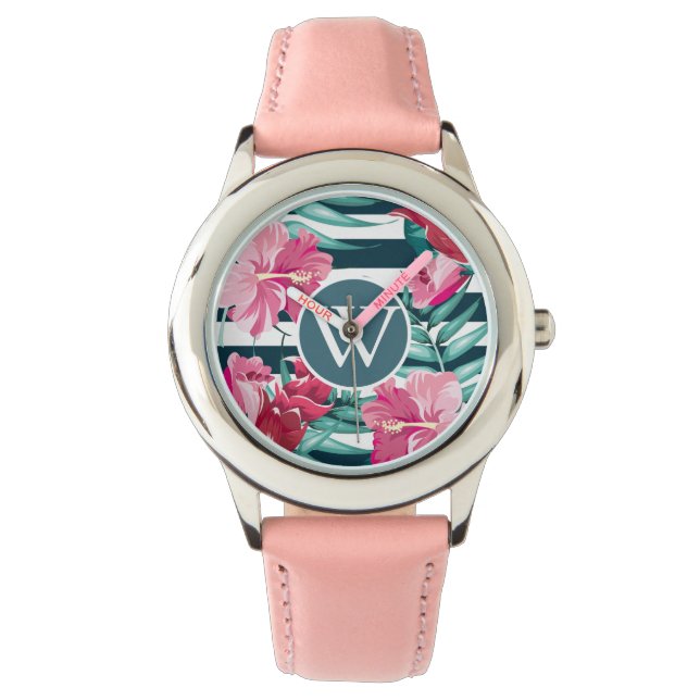 Exotic Summer Flowers design Monogram striped Watch (Front)