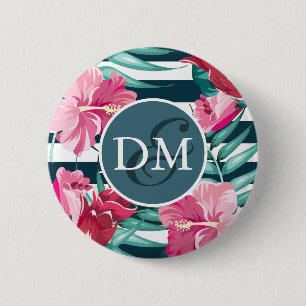 Exotic Summer Flowers Monogram striped Button