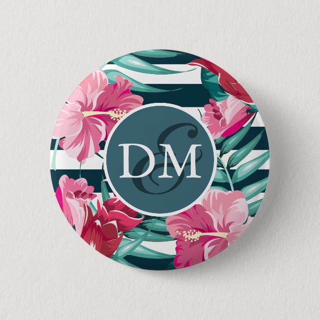 Exotic Summer Flowers Monogram striped Button (Front)