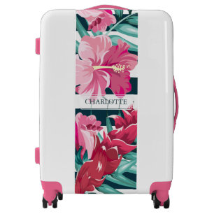 Exotic Summer Flowers Pink Monogram striped Luggage