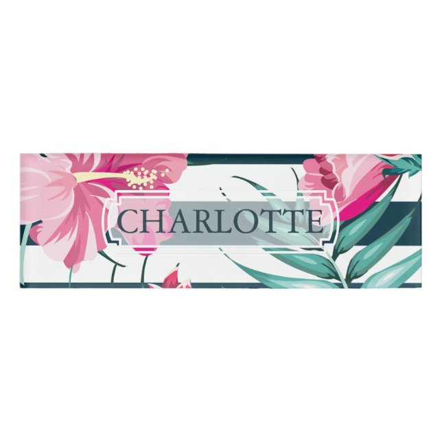 Exotic Summer Monogram Floral striped Name Tag (Front)
