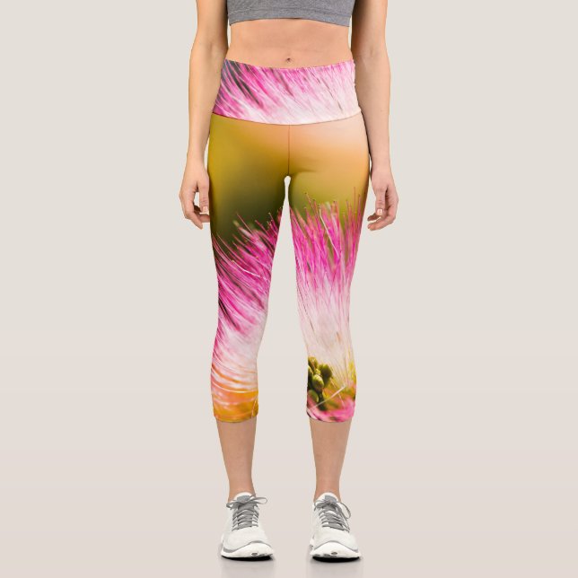 Exotic summer pink silk tree mimosa flower capri leggings (Front)