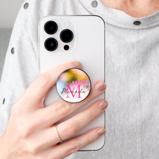 Exotic summer pink tree mimosa flower Monogram PopSocket (Hand)