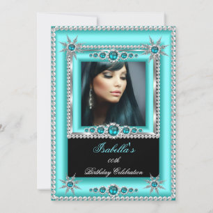 Exotic Teal Blue Aqua Snowflake Photo Birthday Invitation