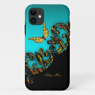 Exotic Teal Blue Gold Black Butterfly iPhone 11 Case
