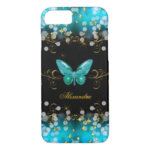 Exotic Teal Blue Gold Black Butterfly Sparkles iPhone 87 Case