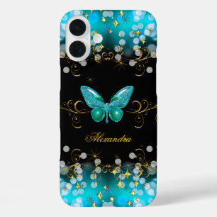 Exotic Teal Blue Gold Black Butterfly Sparkles iPhone 16 Plus Case