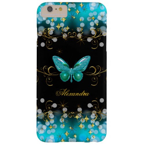 Exotic Teal Blue Gold Black Butterfly Sparkles Barely There iPhone 6 Plus Case