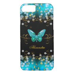 Exotic Teal Blue Gold Black Butterfly Sparkles iPhone 7 Case