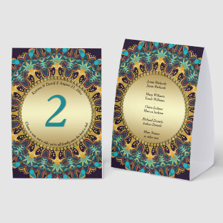 Exotic Teal Dark Blue Gold Tribal Bohemian Mandala Paper Table Tent