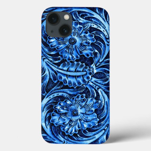 Exotic Tooled Leather Look  blue iPhone 13 Case