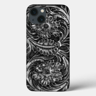 Exotic Tooled Leather Look   charcoal iPhone 13 Case