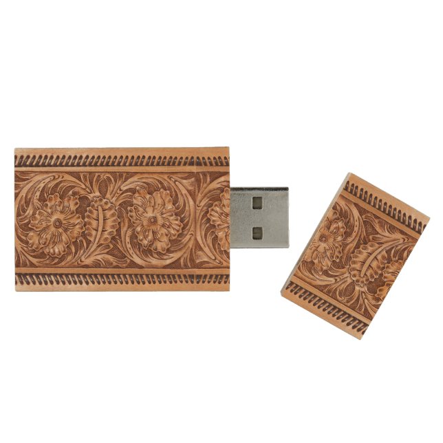 Exotic Tooled Leather | tan Wood Flash Drive (Opened)