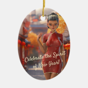Exotic Toon Girl Celebrating Chinese New Year Ceramic Ornament