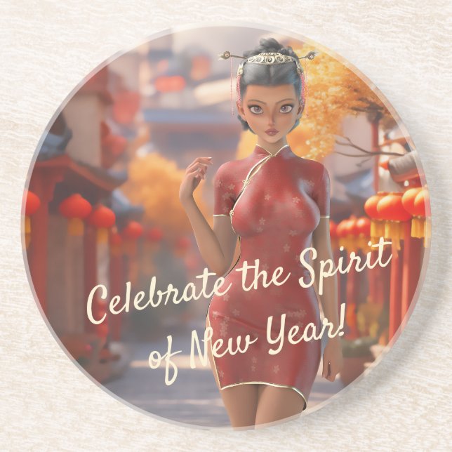 Exotic Toon Girl Celebrating Chinese New Year Coaster (Front)