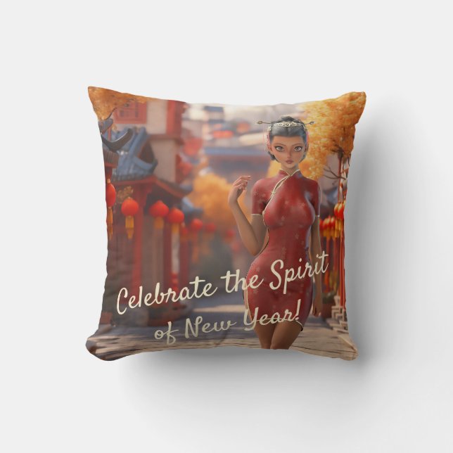 Exotic Toon Girl Celebrating Chinese New Year Throw Pillow (Front)