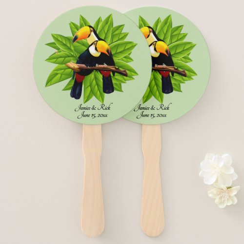 Exotic Toucan Duo Name and Date Green Hand Fan