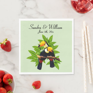 Exotic Toucan Duo Name and Date Green Napkins