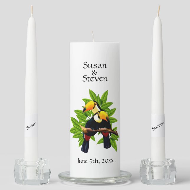 Exotic Toucans Personalized Unity Candle Set (Front)