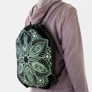 Exotic Tribal Green Gradient Mandala Drawstring Bag