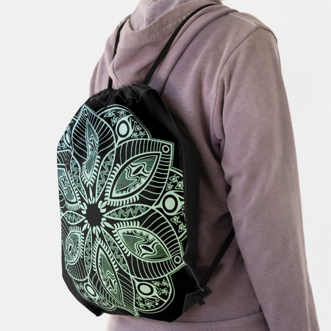 Exotic Tribal Green Gradient Mandala Drawstring Bag (Insitu)