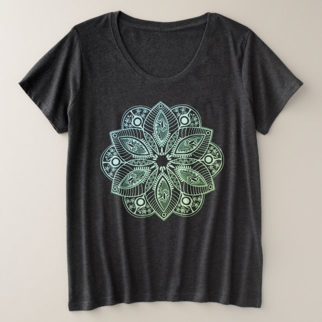 Exotic Tribal Green Gradient Mandala Plus Size T-Shirt (Design Front)