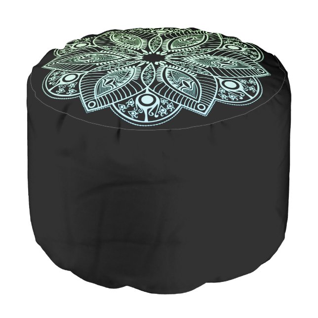 Exotic Tribal Green Gradient Mandala Pouf (Angled Front)