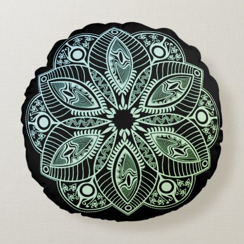 Exotic Tribal Green Gradient Mandala Round Pillow