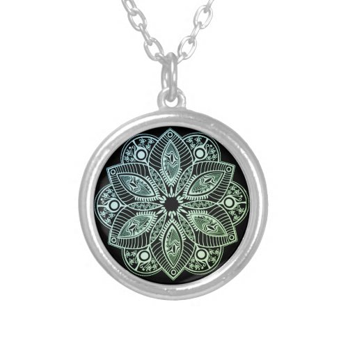Exotic Tribal Green Gradient Mandala Silver Plated Necklace
