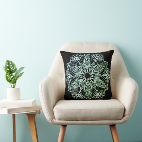 Exotic Tribal Green Gradient Mandala Throw Pillow