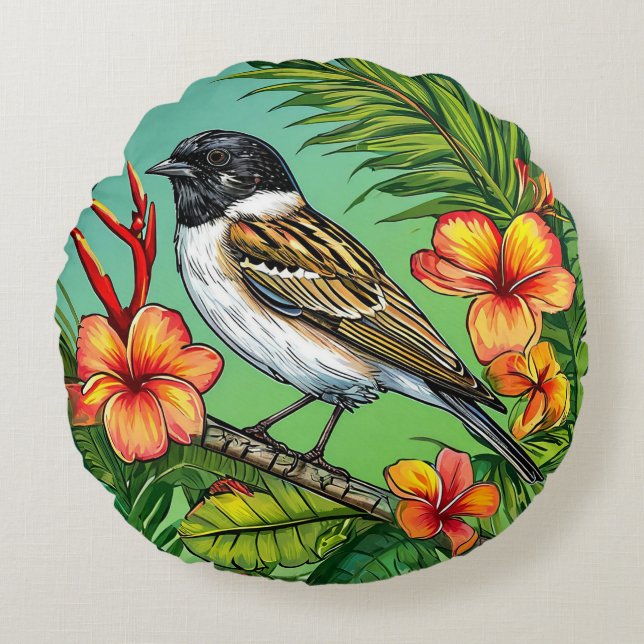 Exotic Tropical Bird with Flowers Paradise Artwork Round Pillow (Front)