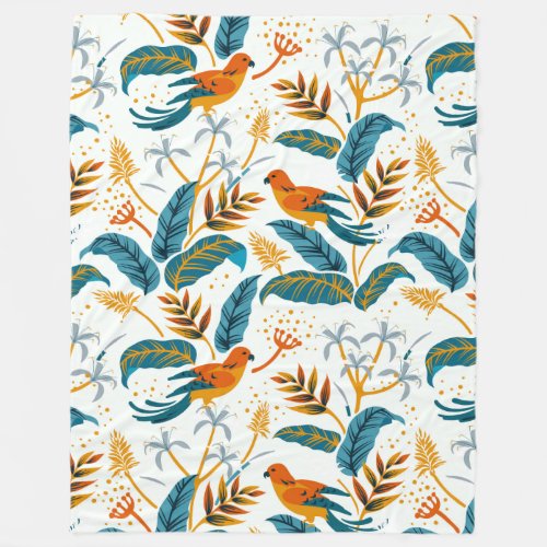 Exotic tropical birds and lush leaves pattern fleece blanket