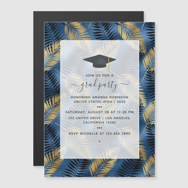 Exotic Tropical Blue and Gold Graduation Party Magnetic Invitation (Front/Back)
