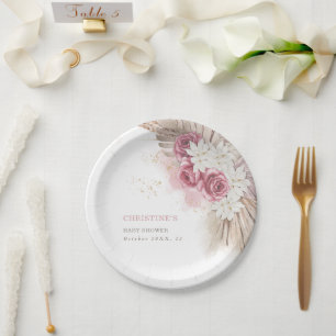 Exotic Tropical Boho Pink Roses Baby Shower Paper  Paper Plates