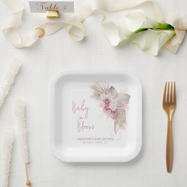Exotic Tropical Boho Pink Roses Baby Shower Paper Plates (Wedding)