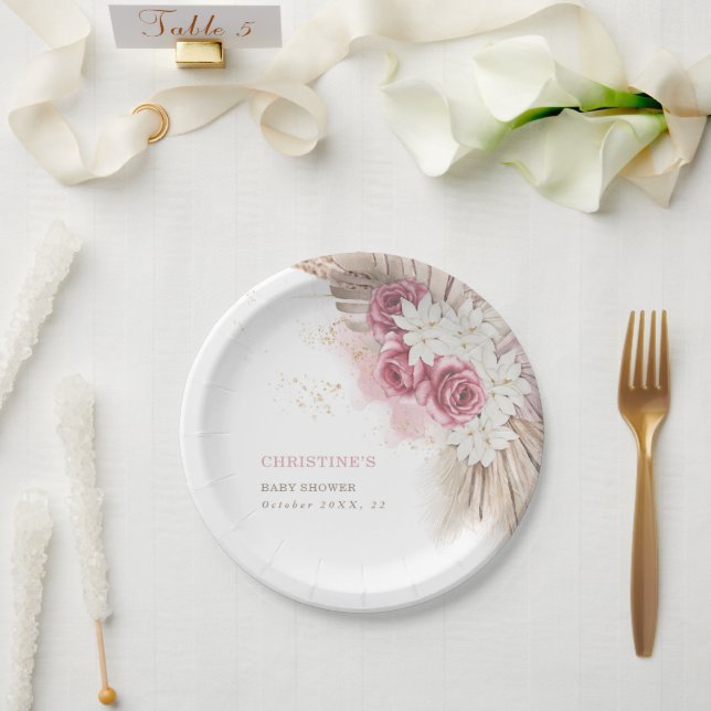 Exotic Tropical Boho Pink Roses Baby Shower Paper  Plates (Wedding)