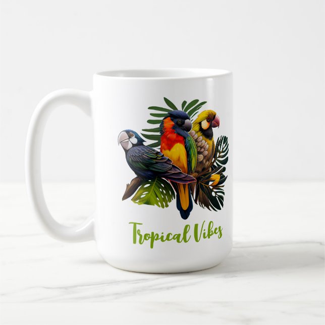 Exotic Tropical Colorful Cutomizable Birds Sticker Coffee Mug (Left)