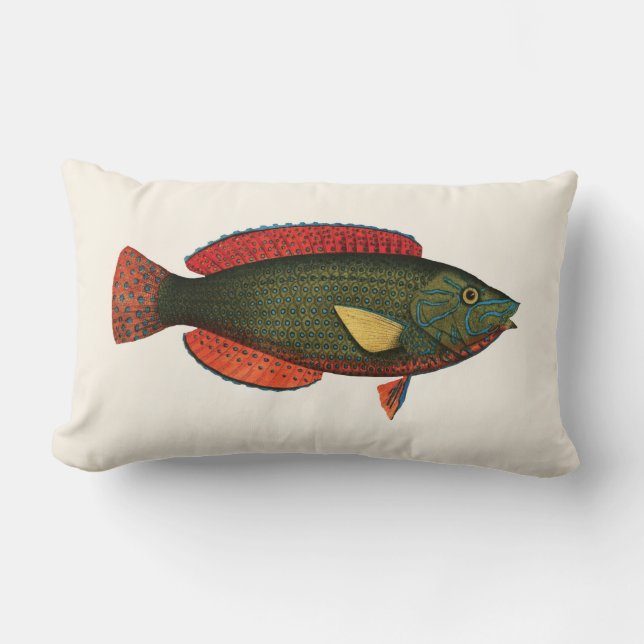 Exotic Tropical Fish in Green and Red Lumbar Pillow (Front)