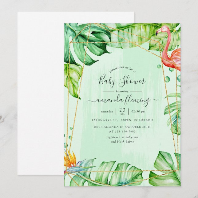 Exotic Tropical Flamingo Geometric Baby Shower Invitation (Front/Back)