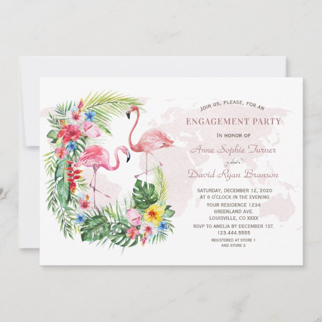 Exotic Tropical Floral Gold World Map Engagement Invitation (Front)