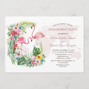 Exotic Tropical Floral Gold World Map Engagement Invitation