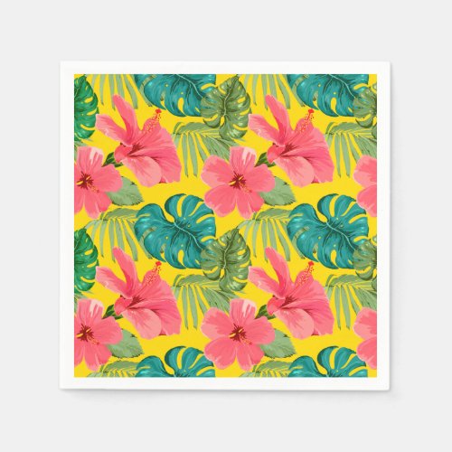 Exotic Tropical Flowers and Foliage on Yellow Napkins