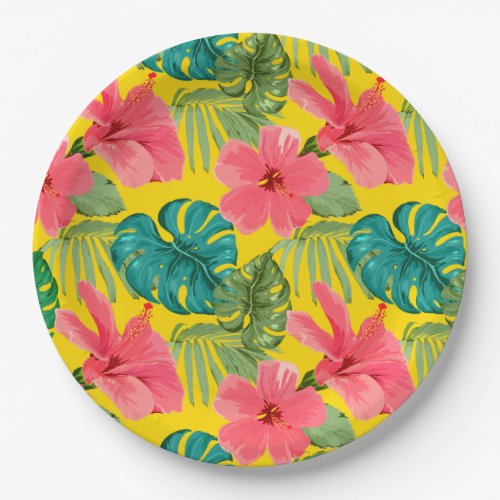 Exotic Tropical Flowers and Foliage on Yellow Paper Plates