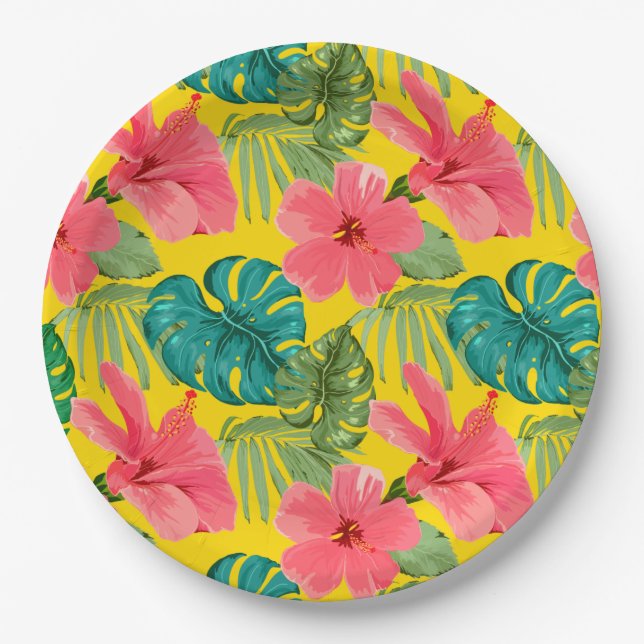 Exotic Tropical Flowers and Foliage on Yellow Paper Plates (Front)