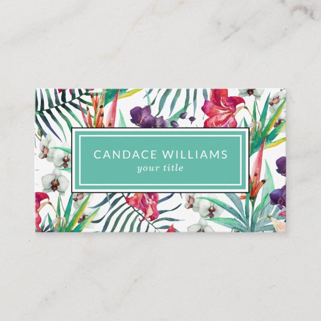 Exotic Tropical Flowers and Foliage Pattern Business Card (Front)