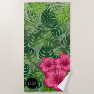 Exotic Tropical 🏝 Flowers and Palm Leaves Beach Towel