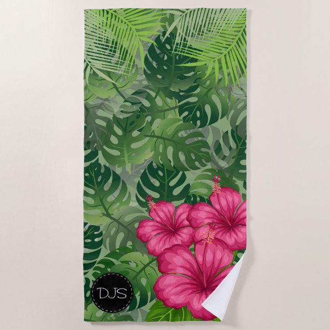 Exotic Tropical  🏝  Flowers and Palm Leaves Beach Towel (Front)