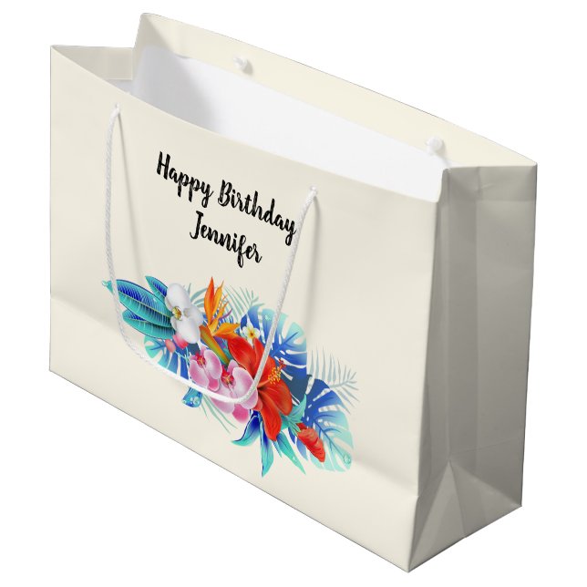 Exotic Tropical Flowers Birthday Large Gift Bag (Front Angled)